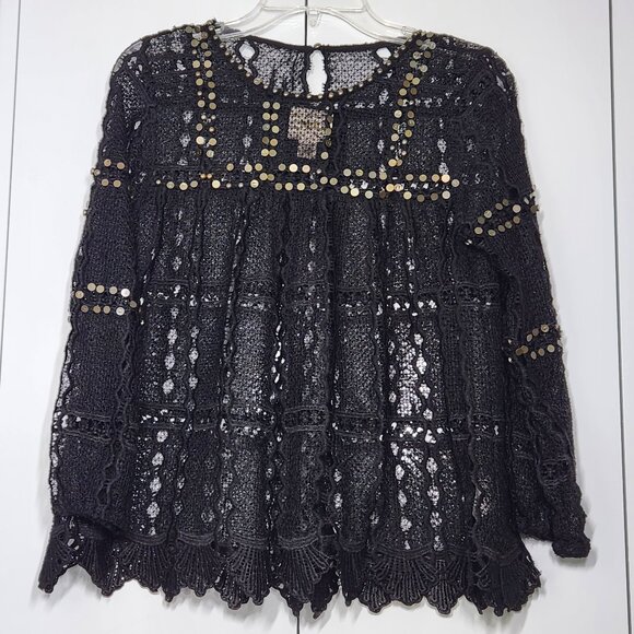 Anthropologie Maeve Auralis Black Sheer Lace Embellished Top Size S - Picture 4 of 7